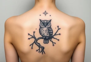 wise owl perched on ancient oak branch under starlit sky tattoo idea