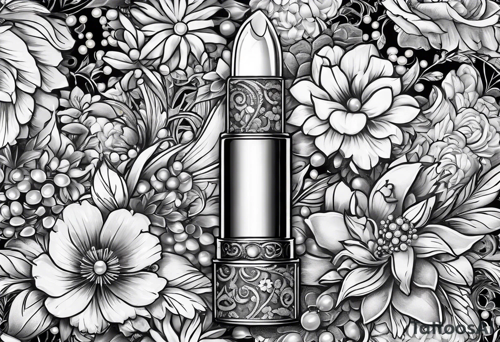 1950s lipstick tube wrapped in pearls and flowers with bows and lace tattoo idea