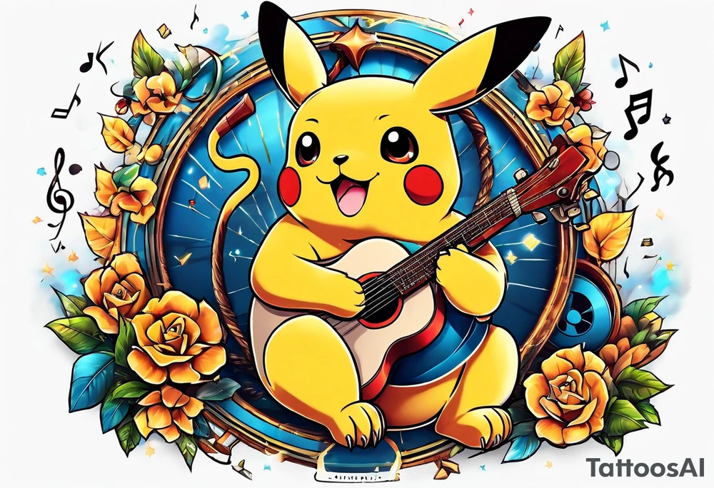 pickachu sitting next to a lion listening to music with music notes and thunder bolts tattoo idea