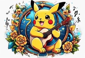 pickachu sitting next to a lion listening to music with music notes and thunder bolts tattoo idea