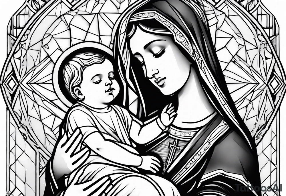 Mary holding baby Jesus in her arms crying tattoo idea