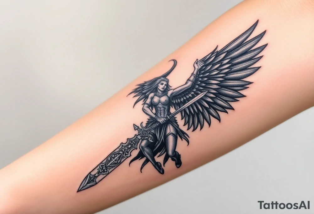 A fierce looking Valkyrie with very big dark wings. The whole body with legs should be visible. 
She's wielding a intricatelly decorated sword and a sturdy tattoo idea