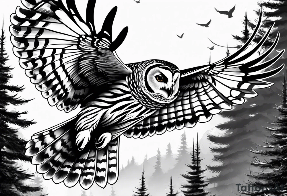 barred owl in flight tattoo idea