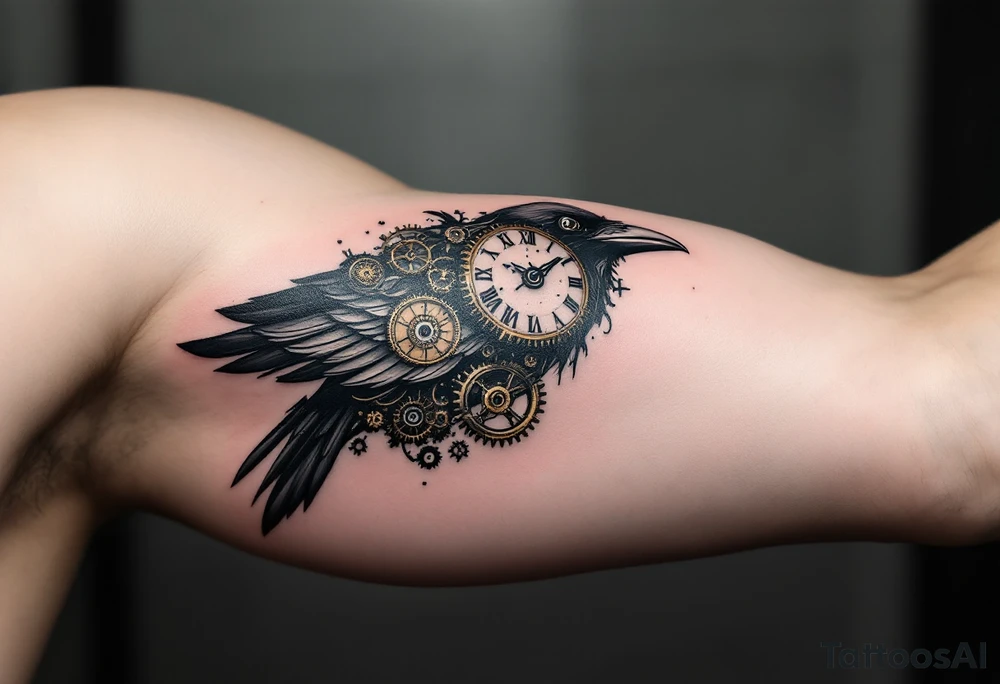 Crow with Clock Gears – A mechanical-inspired crow partially made of gears and clock parts. Black and metallic bronze ink for a steampunk aesthetic. tattoo idea