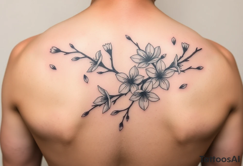 delicate cherry blossoms swirling in spring breeze with petals tattoo idea