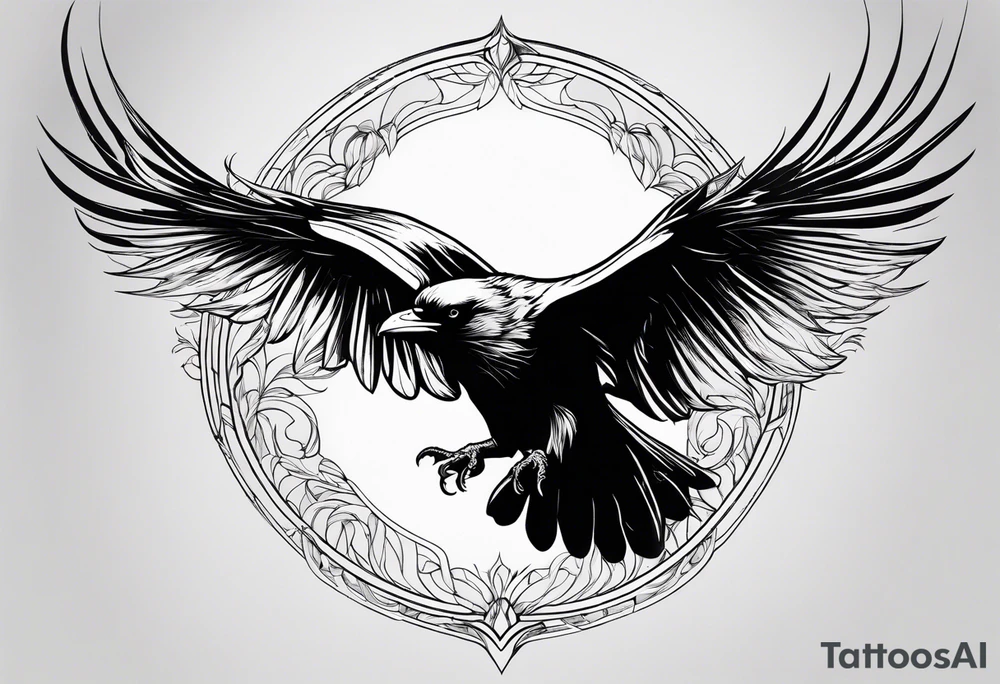 outline drawing of a flying raven with wings on fire tattoo idea