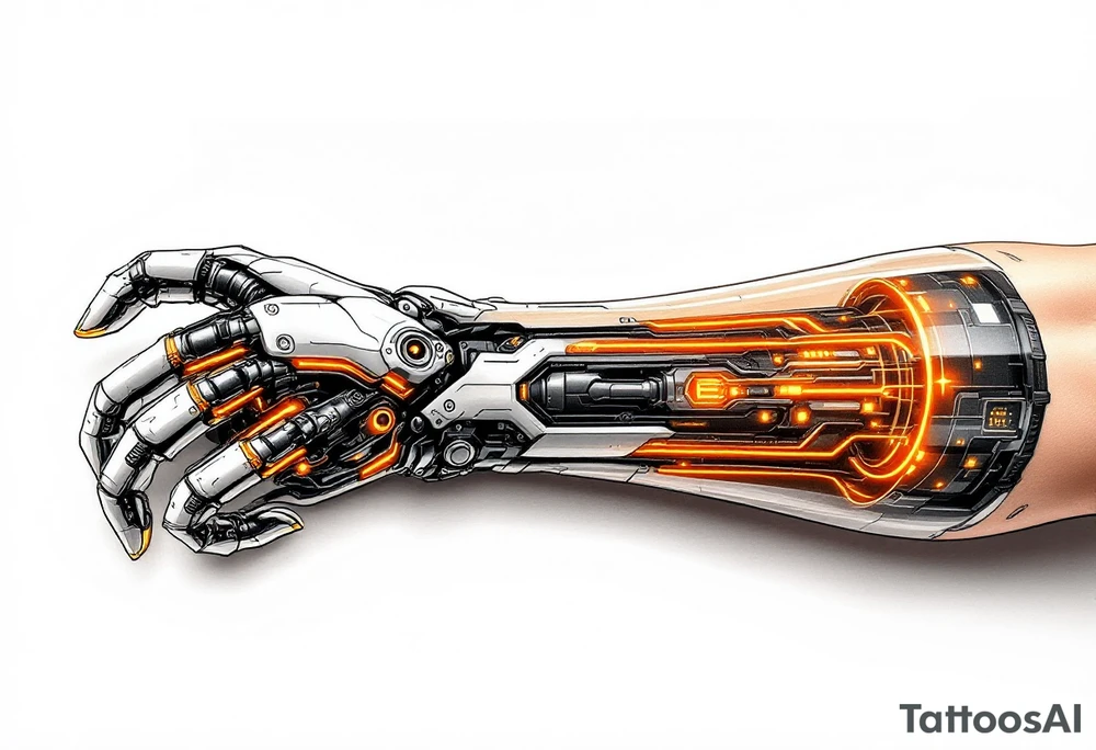 A high-tech cybernetic arm with transparent panels revealing glowing orange hydraulic lines and microchips embedded in titanium bones. tattoo idea