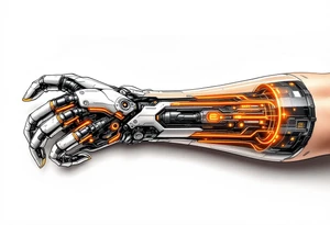 A high-tech cybernetic arm with transparent panels revealing glowing orange hydraulic lines and microchips embedded in titanium bones. tattoo idea