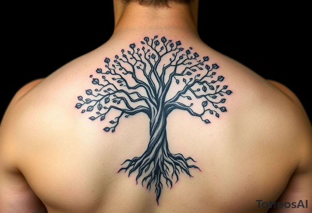 mystical tree of life with cosmic roots and celestial branches tattoo idea