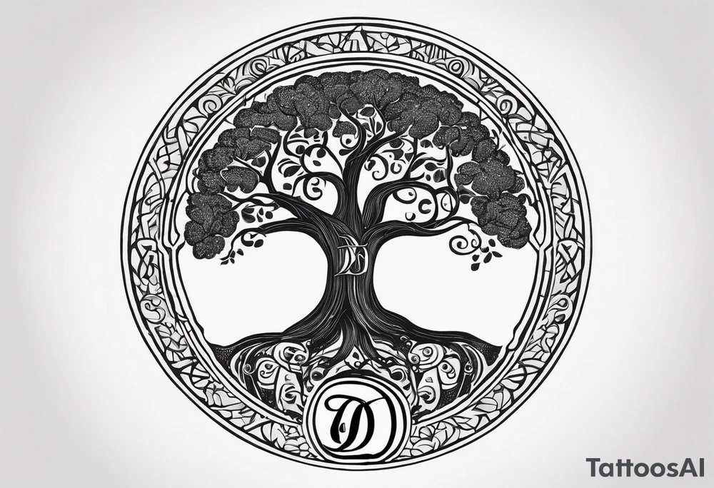 Circular tree of life with the letter D shown 3 times tattoo idea