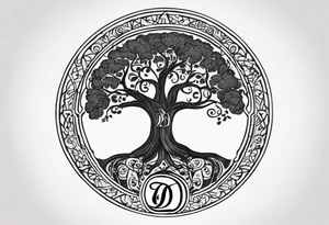 Circular tree of life with the letter D shown 3 times tattoo idea