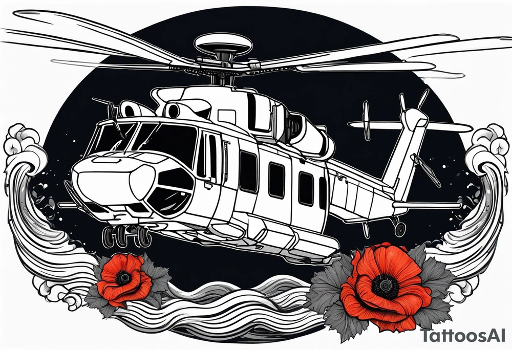 Canadian military grey CH-148 Cyclone helicopter soaring low over rough, ocean waves. A poppy flower be prominently displayed tattoo idea