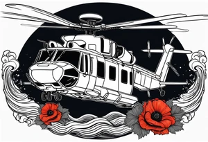 Canadian military grey CH-148 Cyclone helicopter soaring low over rough, ocean waves. A poppy flower be prominently displayed tattoo idea