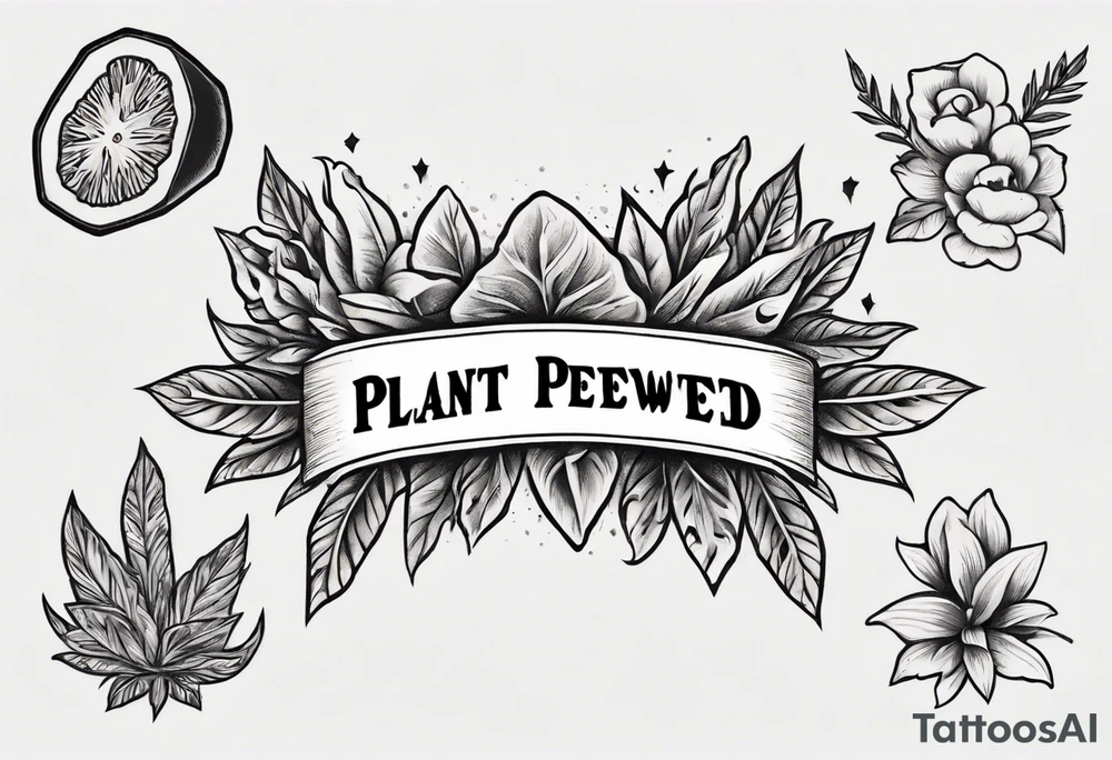 Arm band tattoo spelling ‘Plant Powered’ with plants tattoo idea