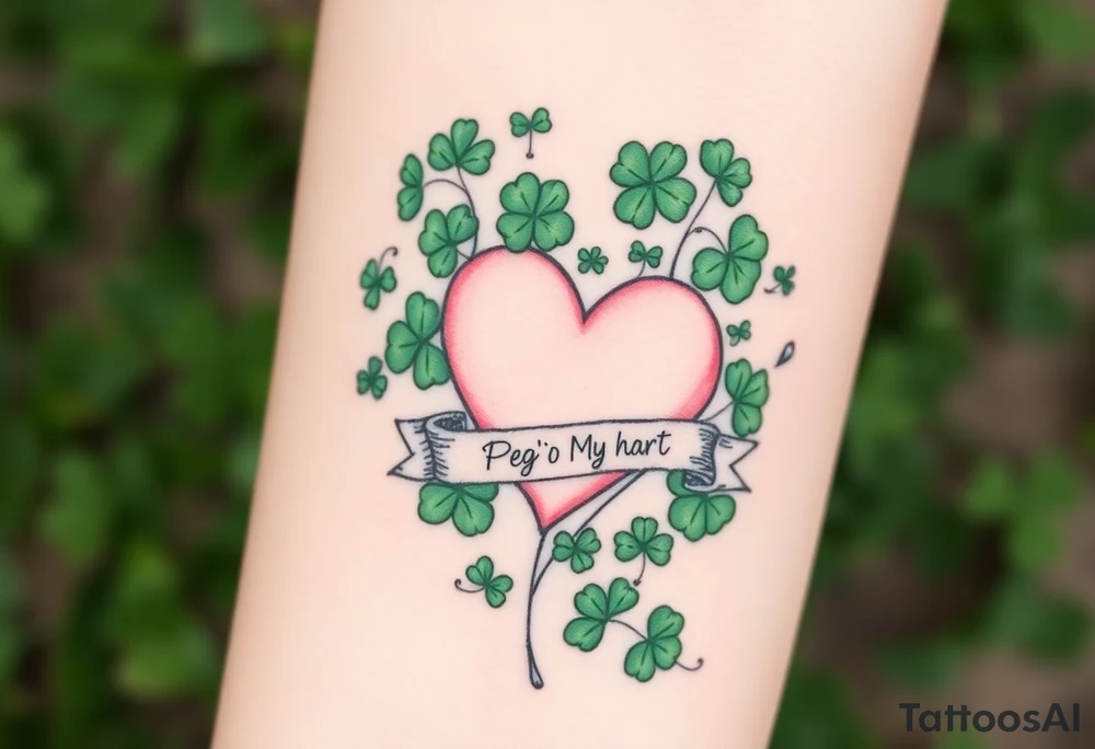 A ton of green shamrocks and a big pale pink heart with a banner across the heart that says Peg 'o My Heart tattoo idea