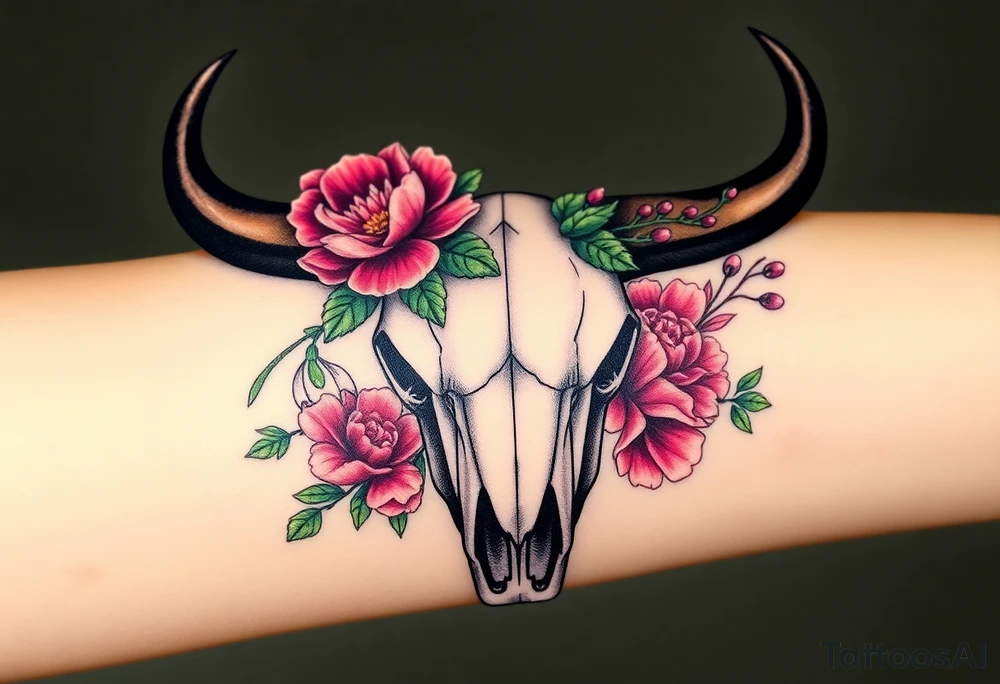 Buffalo skull with flowers. Peony, snowdrop, holly with berries, larkspur, peony. Colour. For upper arm. Masculin. 

Have one peony and snowdrop above horns. Have holly with berries, larkspur, peony below horns. tattoo idea