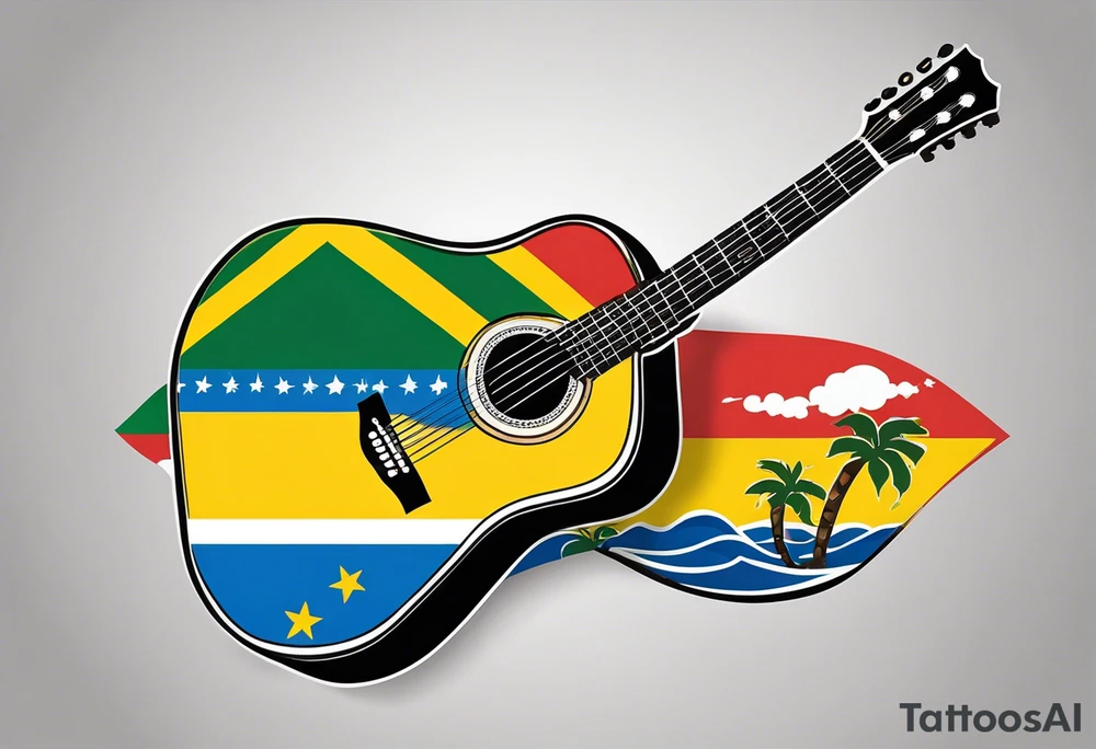 acoustic guitar with divided
 diagonally with one side with the flag of curacao, the other with some reggae colors. on the outside of the guitar, the side with the curacao flag to adorned with some beach or sea creature theme, like a sea turtle. The side with the reggae to have some music notes flowing out tattoo idea