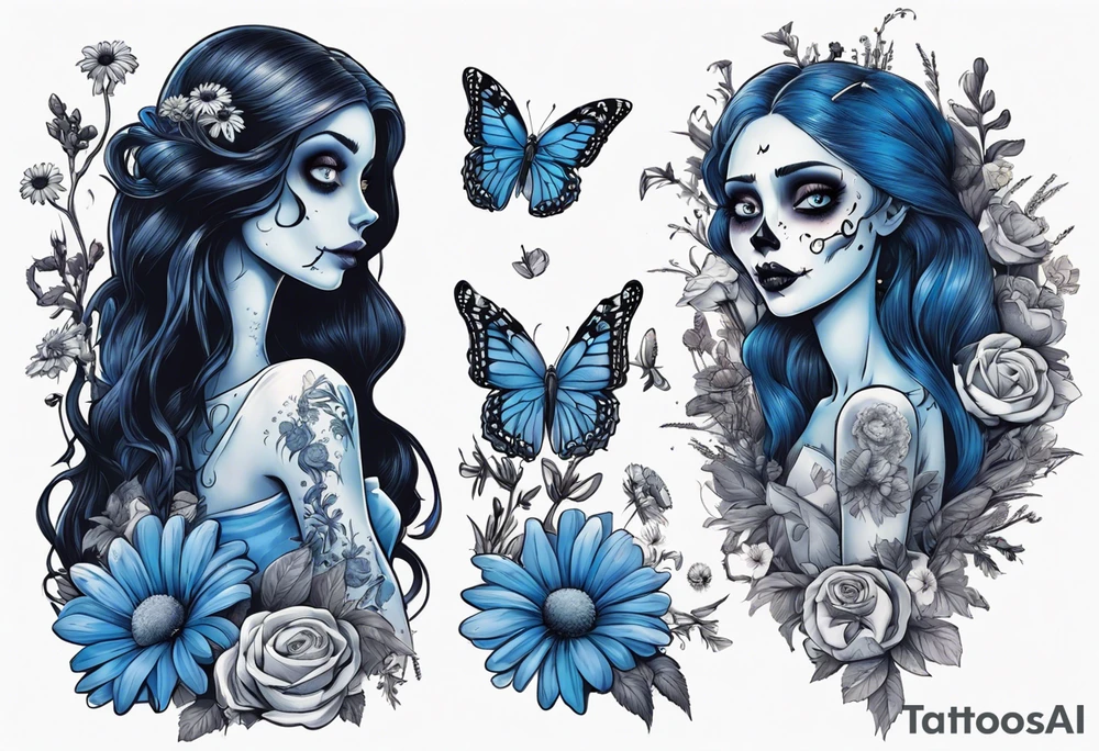 corpse bride Emily holding a bouquet of flowers. one white daisy in the bouquet. one blue butterfly. A full moon on the background. full grown tattoo idea