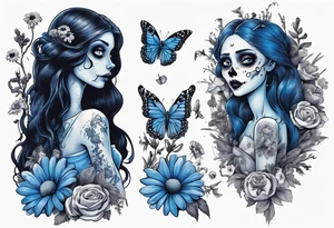 corpse bride Emily holding a bouquet of flowers. one white daisy in the bouquet. one blue butterfly. A full moon on the background. full grown tattoo idea