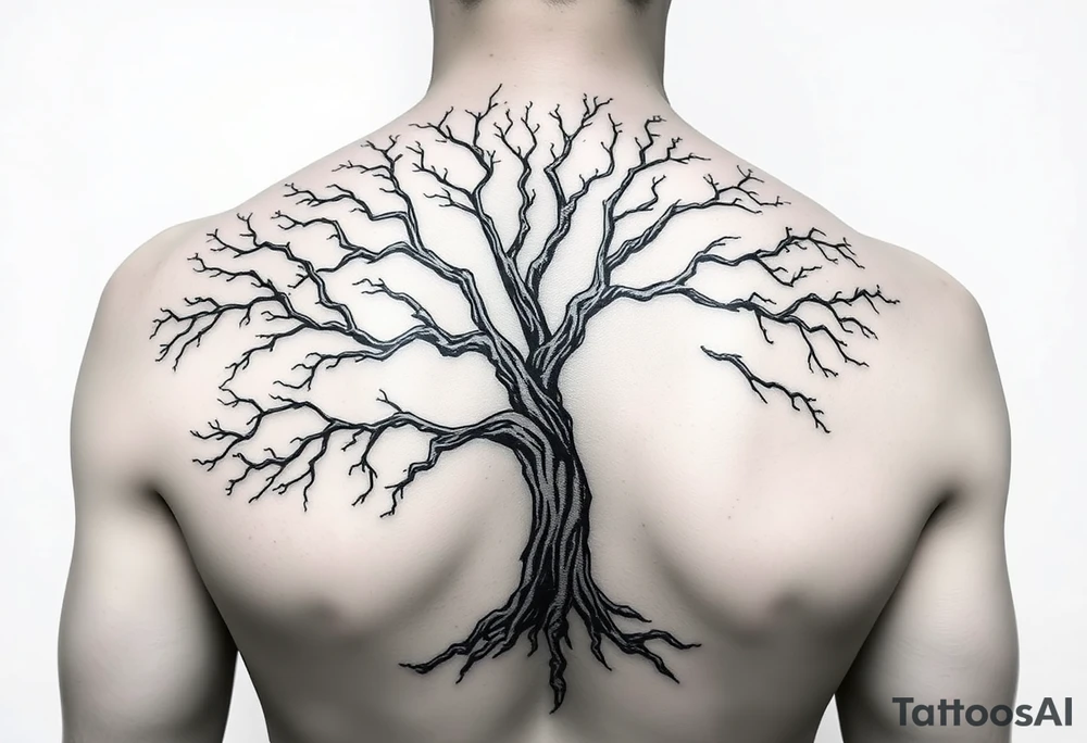 Flowing asymmetrical symbolic tree quarter sleeve on shoulder. Bold and simple branches that do not look realistic. Tree of gondor tattoo idea