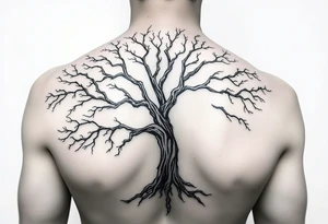 Flowing asymmetrical symbolic tree quarter sleeve on shoulder. Bold and simple branches that do not look realistic. Tree of gondor tattoo idea