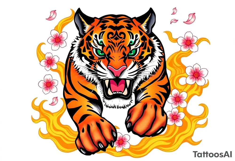 A fierce and majestic tiger, mid-roar, with piercing emerald-green eyes and bold orange-and-black striped fur. Its powerful muscles are accentuated by intricate shading, giving it a lifelike presence. Surrounding the tiger are swirling golden flames, symbolizing strength and resilience, while delicate cherry blossom petals in soft pink and white float around, representing balance between power and grace. tattoo idea