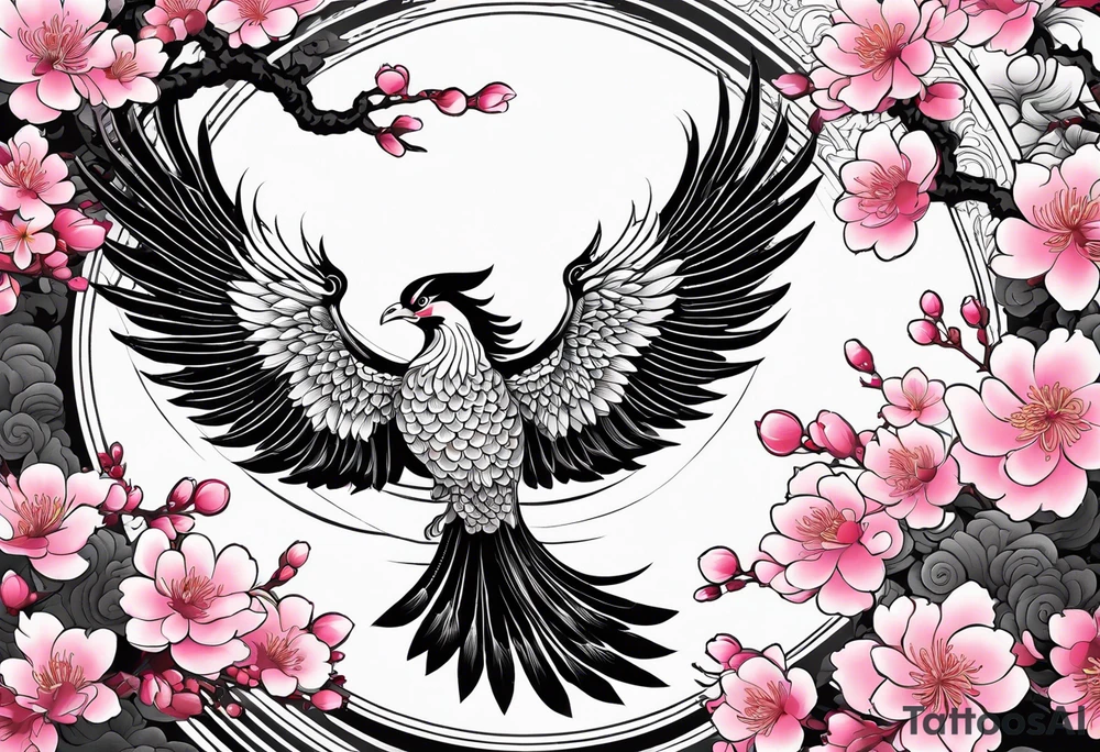 traditional Japanese phoenix and pink cherry blossoms blank background no clipped edges tattoo idea