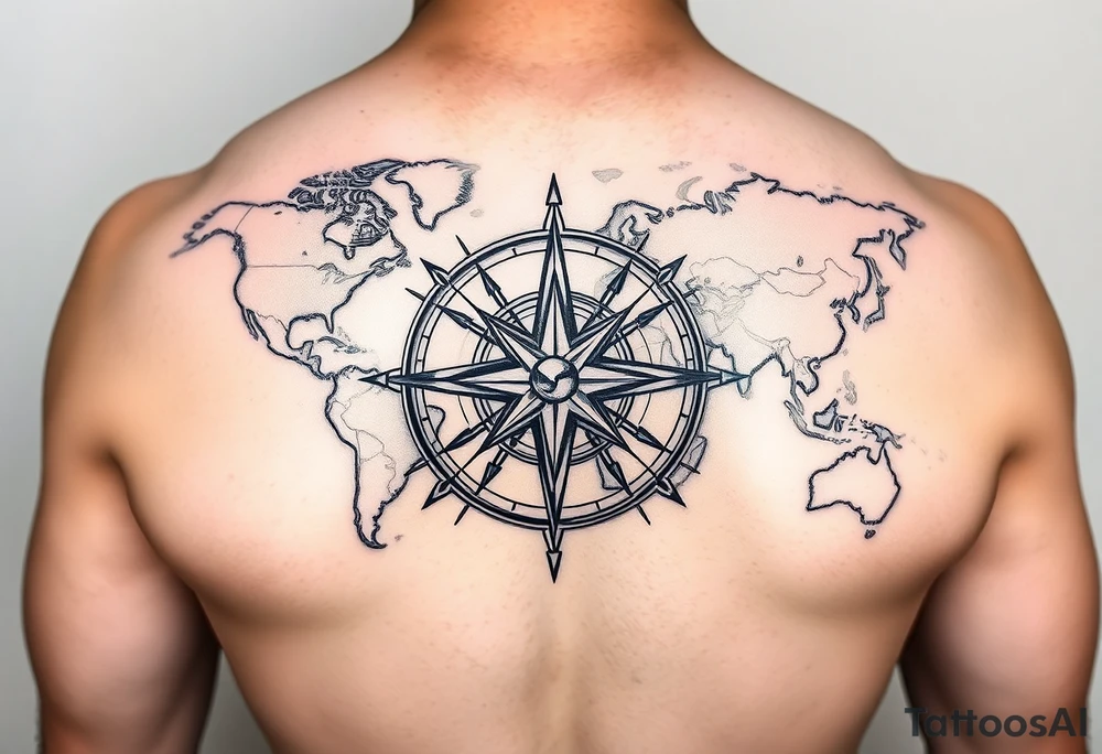 antique compass rose overlaid on weathered world map with sailing ships tattoo idea
