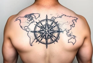 antique compass rose overlaid on weathered world map with sailing ships tattoo idea