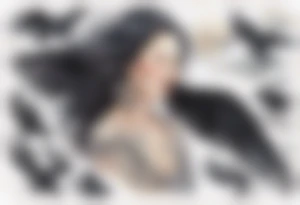 a beautiful 50 year old Dakota woman with pale skin wearing a black robe, flying in the sky with black raven wings, bare feet tattoo idea