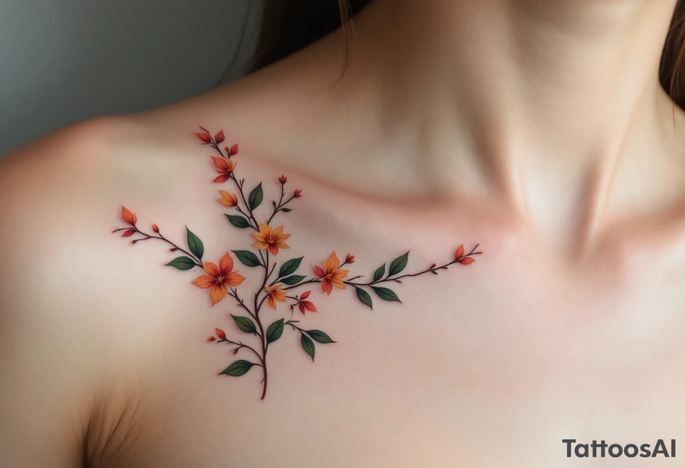 Two separate collarbone tattoos of long, stems and branches covered with red, orange, yellow and dark forest green leaves and flowers, fall themed, muted, delicate and gentle but moody, long and thin, following the collarbone. More muted, not so bright, darker colors tattoo idea
