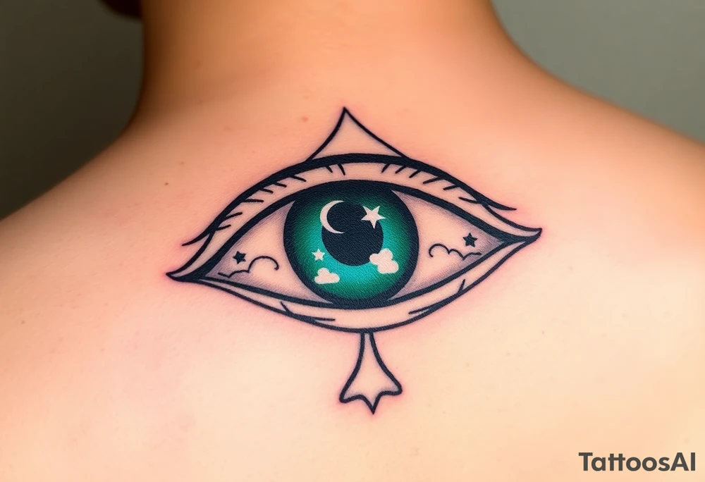 Large outline of an eye almond shaped with a spade for the eyeball + eyecolor greenish blue with a crescent moon stars and clouds inside of the spade eyeball using vivid colora like green purple and blue tattoo idea