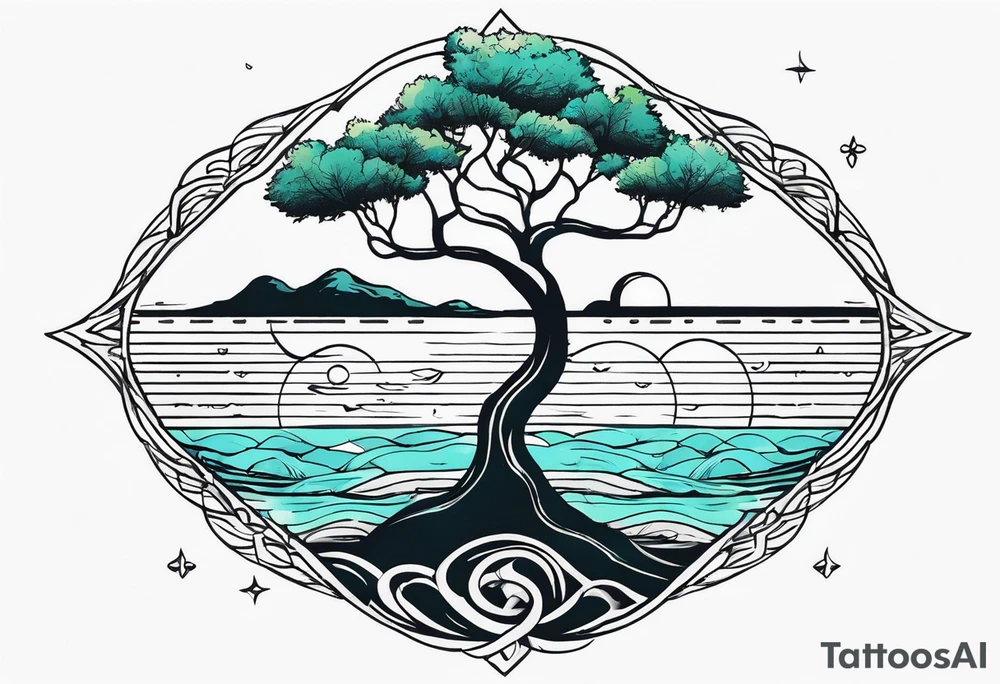 calm sea and tree of life without frame tattoo idea