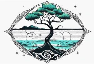 calm sea and tree of life without frame tattoo idea