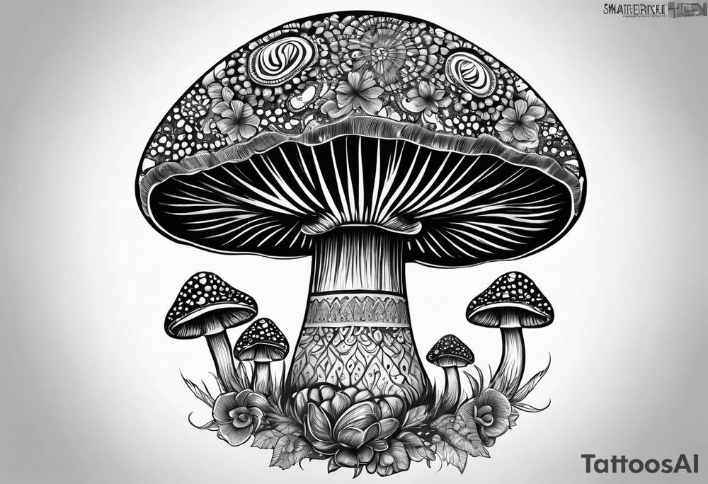 Large Shaggy cap mushroom dripping ink off cap with 4 smaller mushrooms around it mandala henna black tattoo design tattoo idea