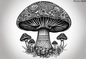 Large Shaggy cap mushroom dripping ink off cap with 4 smaller mushrooms around it mandala henna black tattoo design tattoo idea
