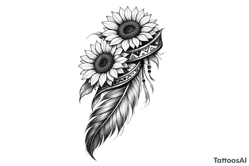 2 cascading sunflowers wrapped in simple Native American ribbon on top of a feather tattoo idea