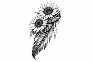 2 cascading sunflowers wrapped in simple Native American ribbon on top of a feather tattoo idea