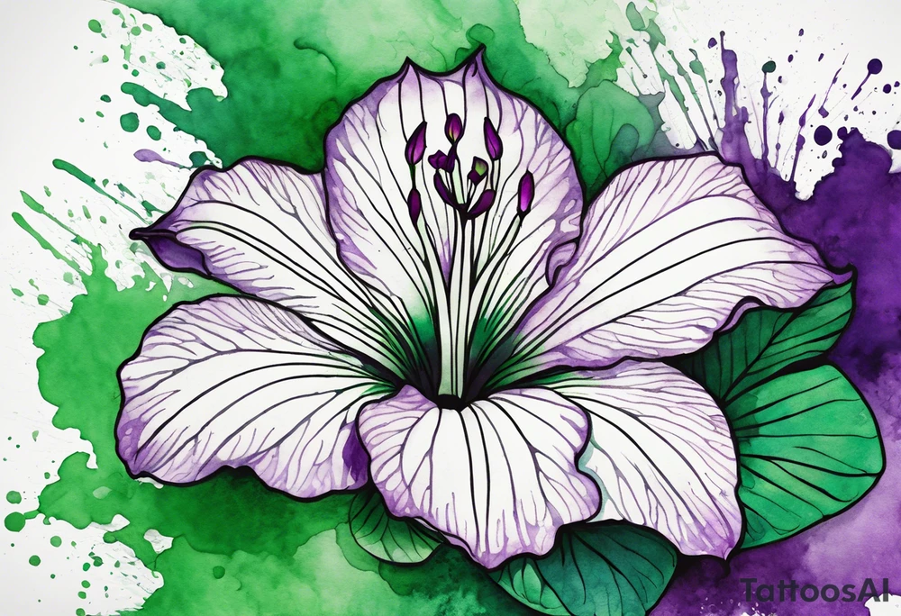 A mystical outline of a green and purple rio dipladenia flower and a green and purple watercolor splash in the background tattoo idea