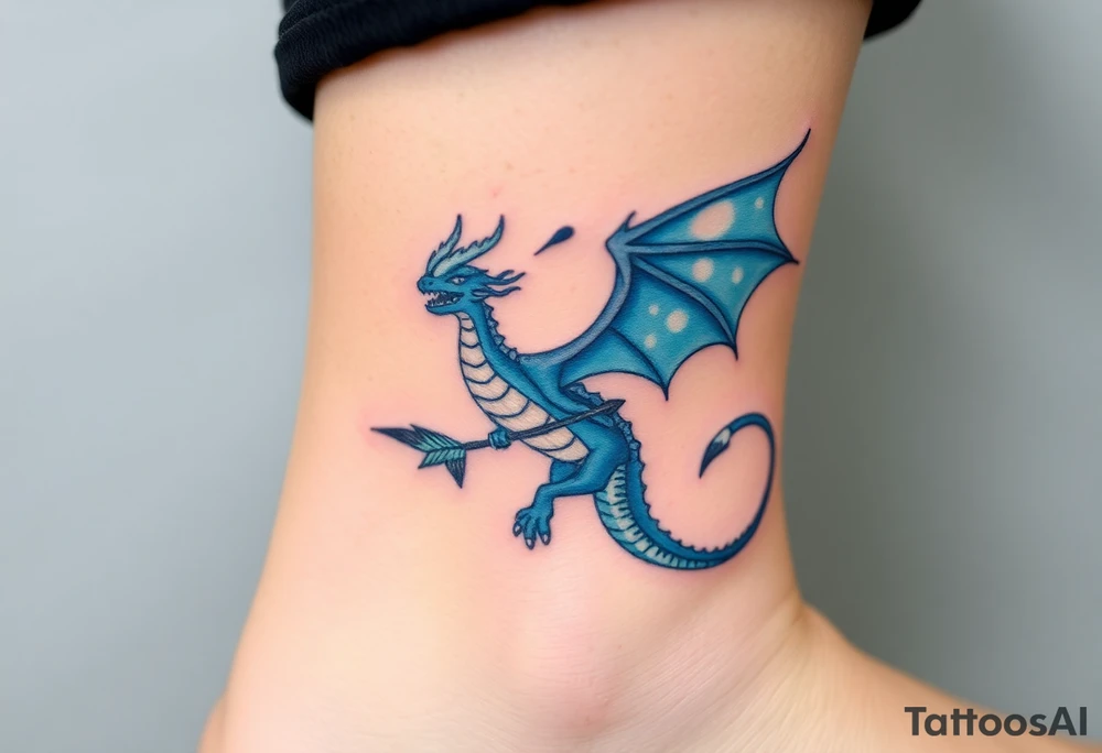 Blue fire breathing dragon with wings spread and an arrow through its chest tattoo idea