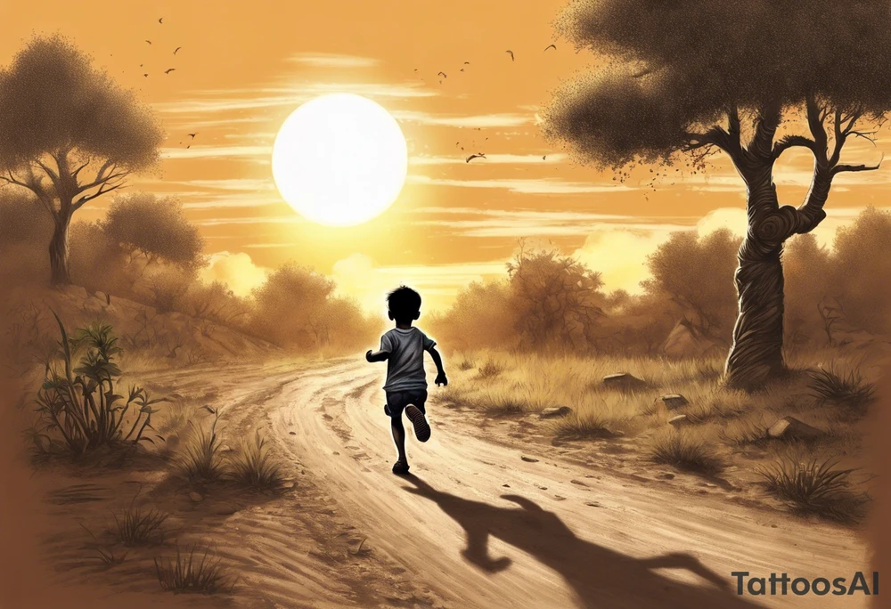 a male child running on a dirt road.
the child is running away towards a sun that is being hugged by a hammer.
on the left side of the dirt road pointing at the child ak47 and rpg.
on the right side there are trees.
under the sun clouds form the date 07.10.2023 tattoo idea