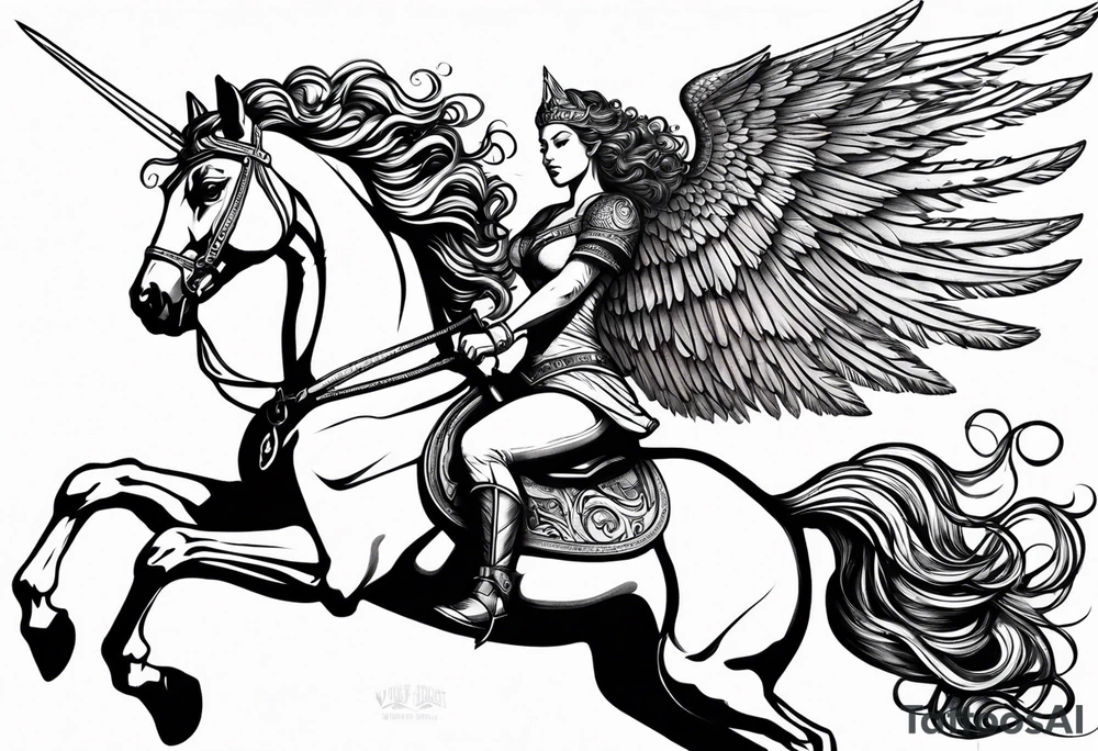 valkyrie curly hair princess riding pegasus half sleeve arm tattoo idea