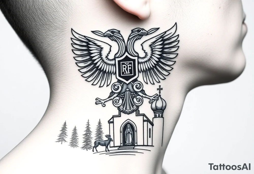 russian coat of arms double headed eagle traditional christian orthodox cross with a virgin mary stood in the entrance of a russian orthodox dome church on the side of the neck in a wilderness setting tattoo idea
