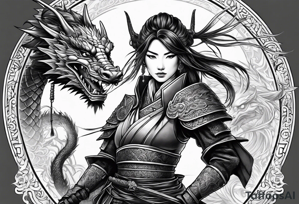head to toe full body female warrior in samurai suit and dragon companion tattoo idea