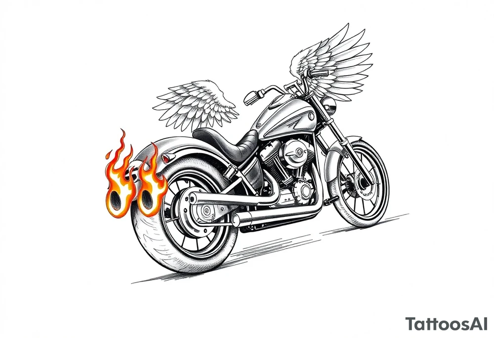 Low rider grey motorcycle, big muffler pipes with flames, angel wings, driving away, no person tattoo idea