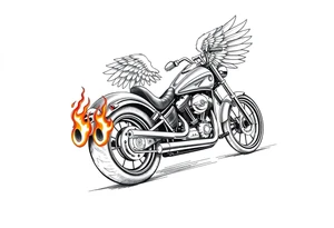 Low rider grey motorcycle, big muffler pipes with flames, angel wings, driving away, no person tattoo idea
