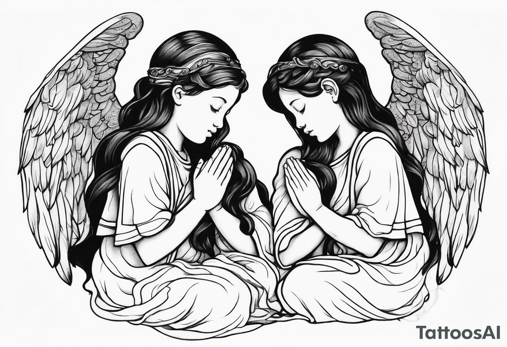 three angels praying together. The two boy angels are on either side of the girl angel, with their wings gently enfolding her in a protective embrace tattoo idea