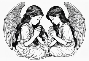 three angels praying together. The two boy angels are on either side of the girl angel, with their wings gently enfolding her in a protective embrace tattoo idea