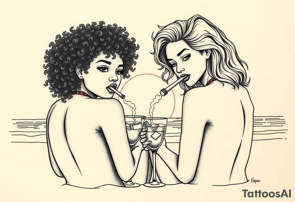 Two females One of the females is dark skin with Curly puffy hair The other girl is light skin and has wavy hair, sitting in front of a sunset on the beach, smoking a blunt with margarita glasses next to them tattoo idea