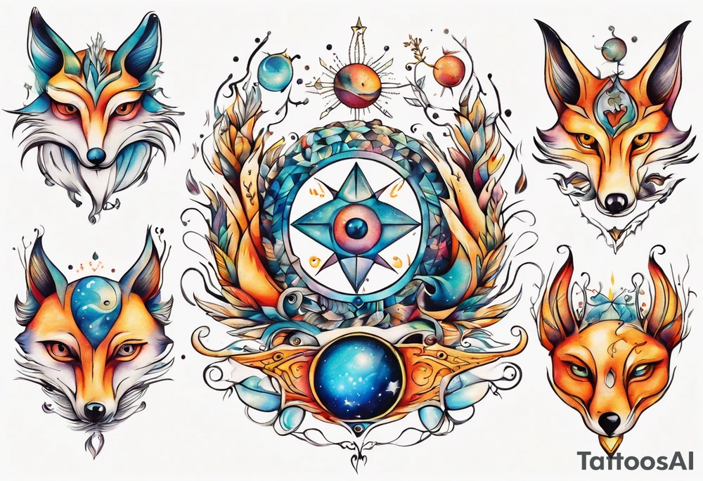 fisch, fuchs und eule , symetrie  sonne, universum, bunt, " sapere aude" tattoo idea